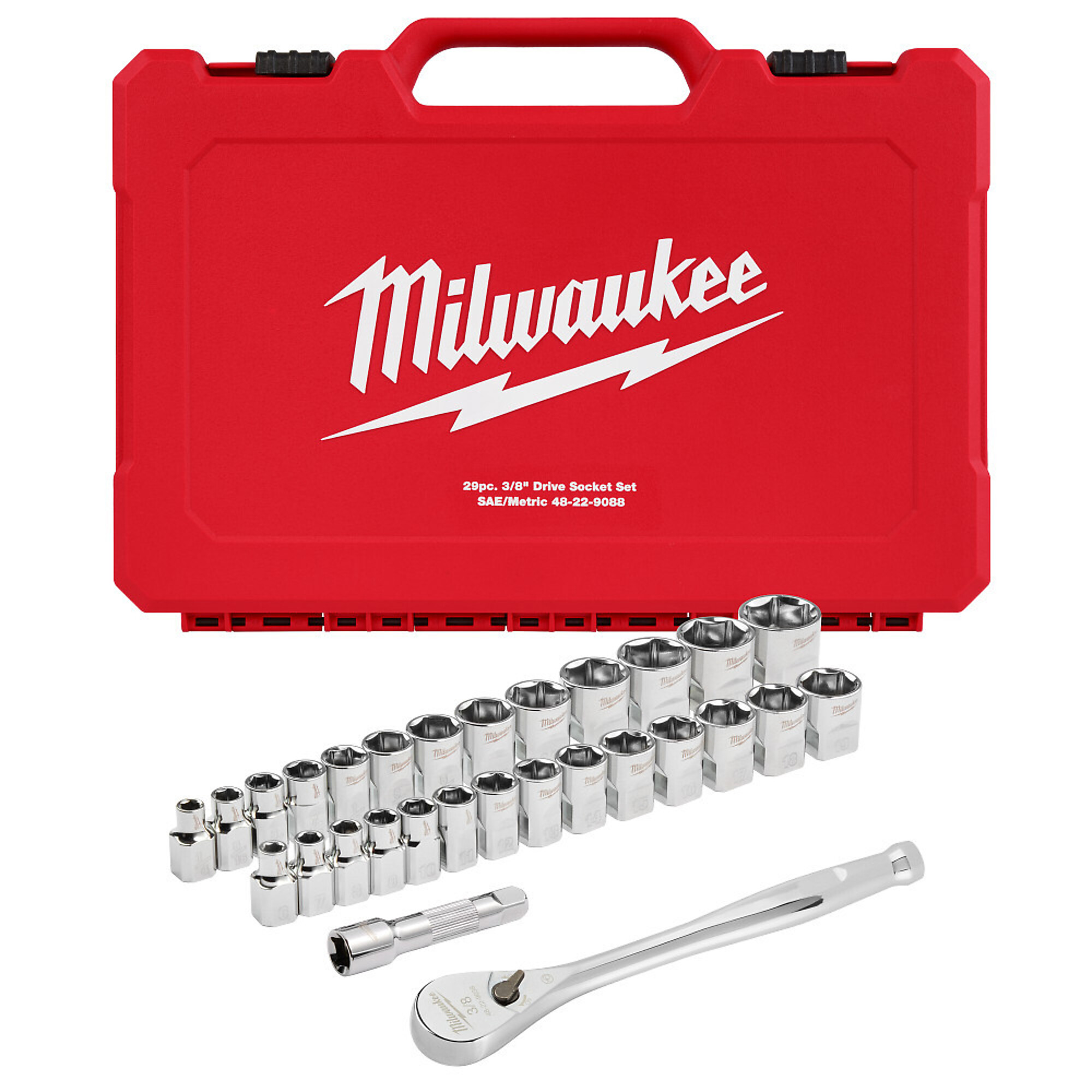 Milwaukee 3/8in. Drive Ratchet & Socket Set, 29-Pc., SAE/Metric, Model# 48-22-9088